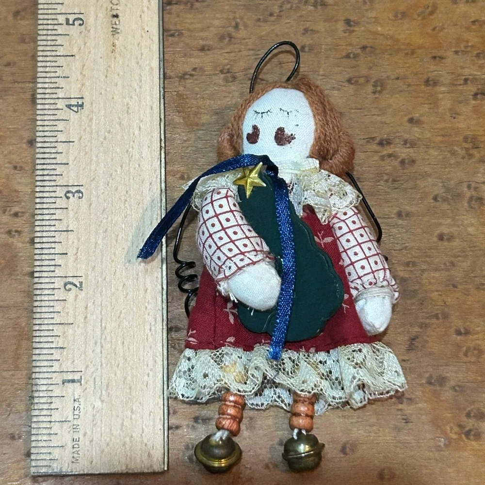 VINTAGE Button Bell Angel Christmas Ornaments Girl Wire Wings 4”